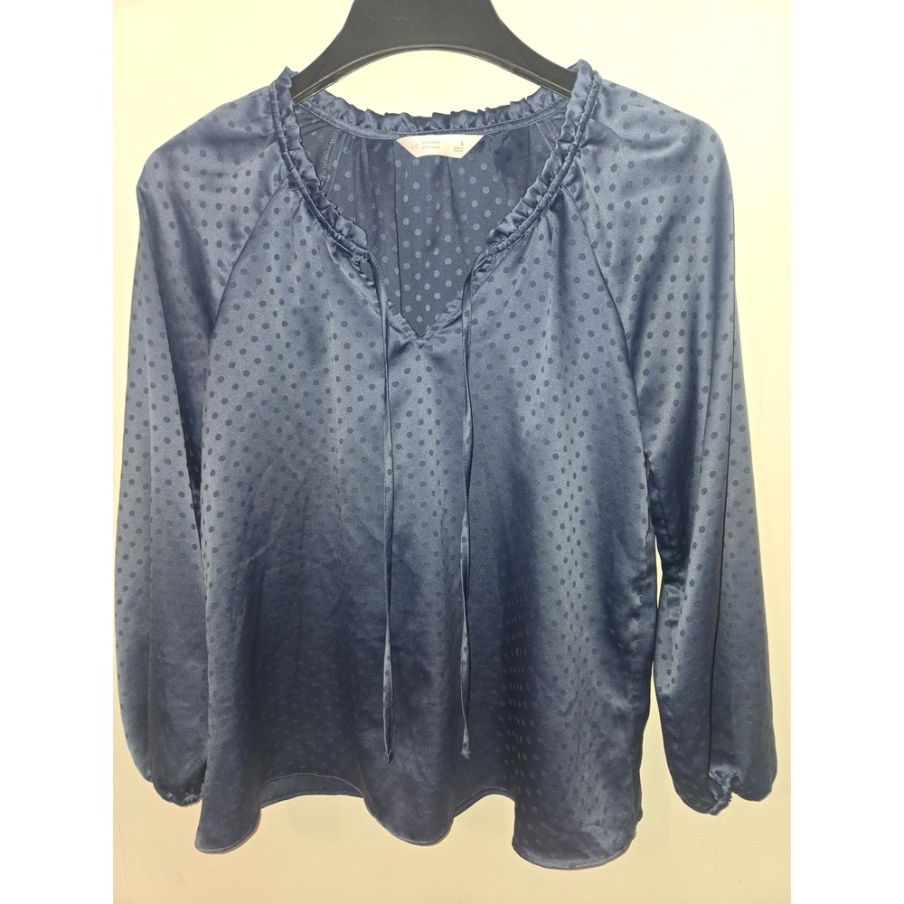 LC Lauren Conrad Navy Blue Polka Dot Satin Ruffle Tie Neck Blouse Small